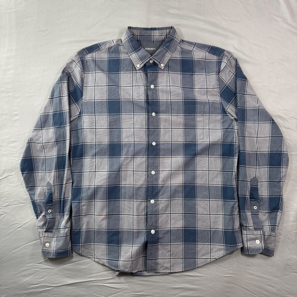Bonobos Mens M Standard Fit Plaid Button Down Shirt Blue Grey 100% Cotton Casual